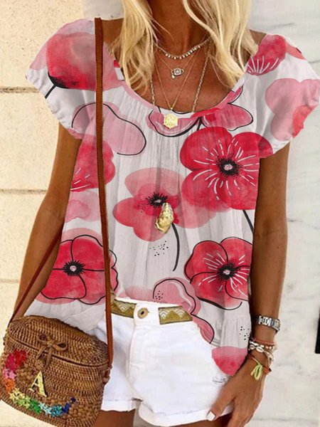 

Casual Boho Floral Short Sleeve Loosen Tops, Flower, Tops