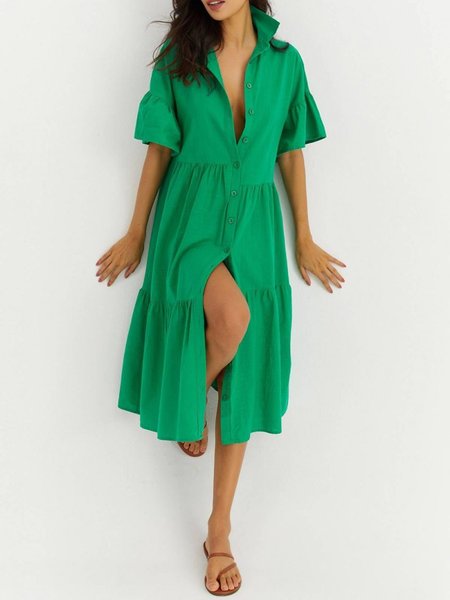 

Shirt Collar Short Sleeve Woven Dress, Green, Midi Dresses