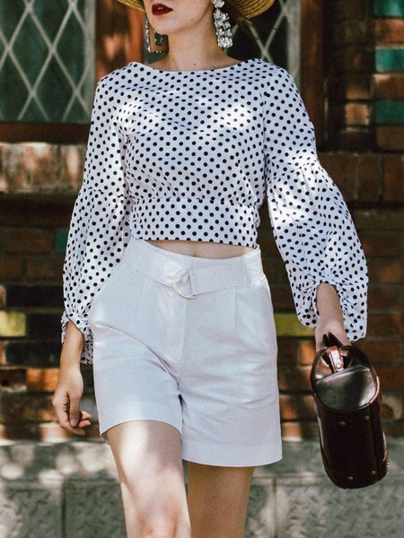

Polka Dots Regular Fit Crew Neck Long Sleeve Top, White, Tops