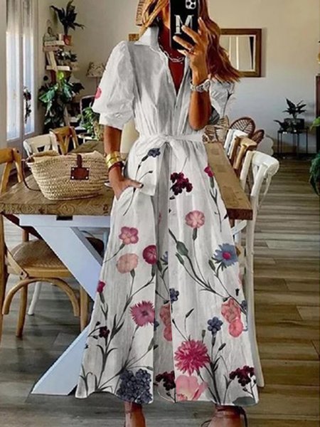 

Buttoned Shirt Collar Floral Short Sleeve Woven Dress, Pink, Maxi Dresses