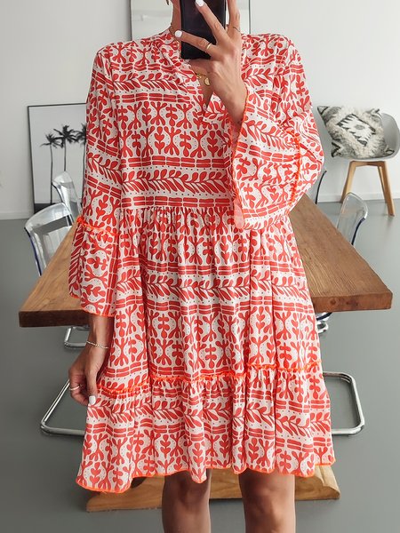 

Boho Floral V Neck Loosen Three Quarter Dress, Orange, Mini Dresses