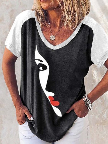 

Cotton Blends Casual Short Sleeve T-Shirt, Black-white, T-Shirts