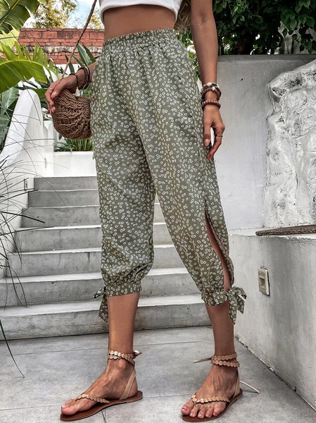

JFN Floral Splited Lace-Up Vacation Capris Pants, Multicolor, Pants