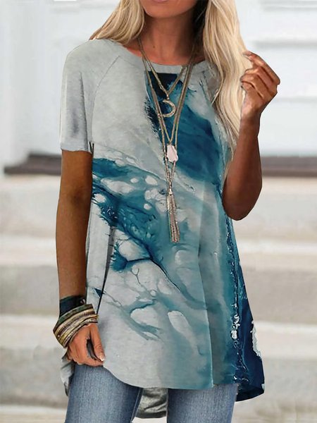 

Crew Neck Loosen Short Sleeve T-Shirt, Flower, T-Shirts