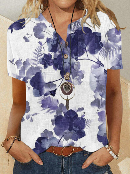 

Loosen Floral Casual Short Sleeve Tops, White, Shirts & Blouses