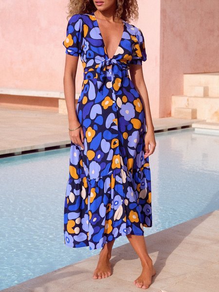 

Floral Vacation Loosen Short Sleeve Woven Dress, Multicolor, Mini Dresses