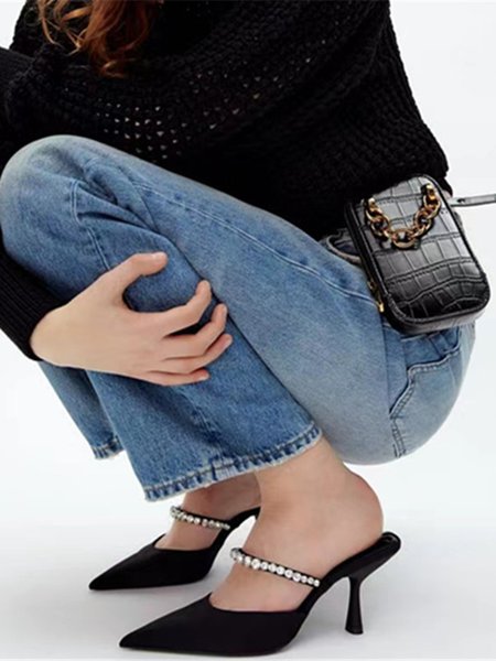 

JFN Rhinestone Elegant Pointed Toe Horseshoe Heel Mules, Black, Sandals