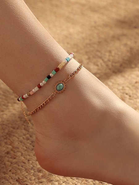 

JFN 2Pcs Beach Resort Style Colorful Beaded Turquoise Multilayer Anklet Sets, Golden, Anklets