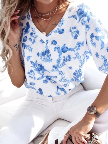 

Loosen Floral Casual Short Sleeve Tops, Blue, Tops