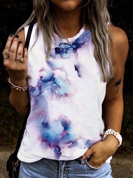 

Casual Round Neck Painted Knit, White, Tank Top