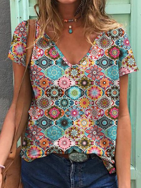 

Casual V Neck Regular Fit Short Sleeve T-Shirt, Multicolor, Tees & T-shirts