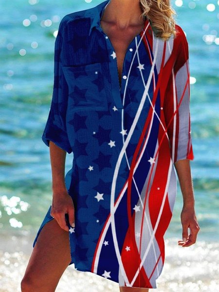 

Flag Buttoned Long Sleeve Woven Dress, Multicolor, Dresses