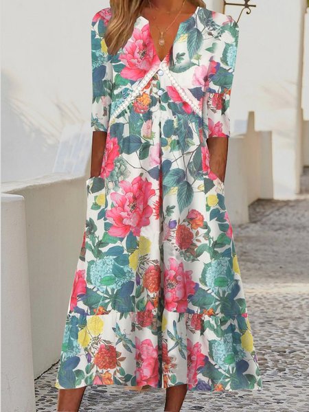 

Regular Fit Vacation Floral Short Sleeve Woven Dress, Multicolor, Dresses