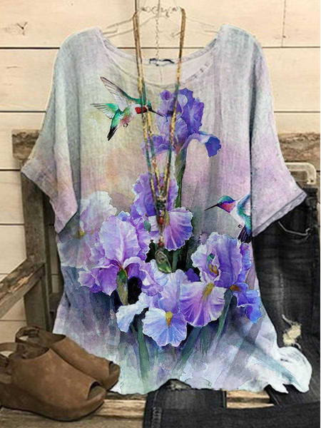 

Linen Vacation Crew Neck Floral Short Sleeve Tops, Multicolor, Tops