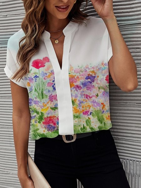 

Vacation Loosen Floral Short Sleeve Blouse, White, Shirts & Blouses