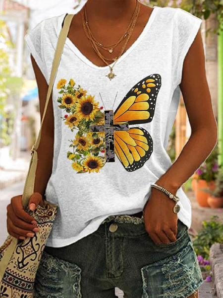 

Printed Raglan Sleeve Casual V neck T-Shirt, White, T-Shirts