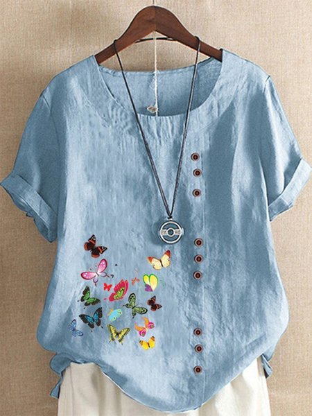 

Buttoned Cotton Short Sleeve Tops, Blue, Blouses & Shirts