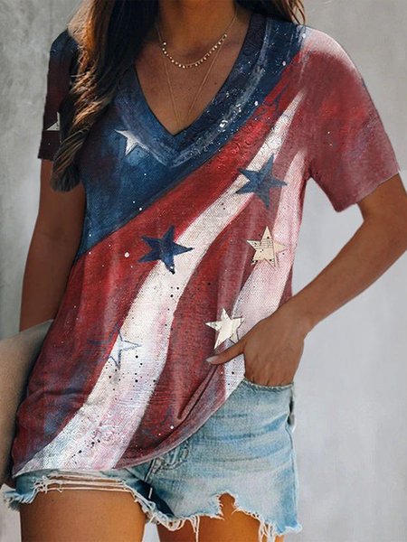 

Flag Casual V Neck Short Sleeve T-Shirt, Multicolor, Tees & T-shirts