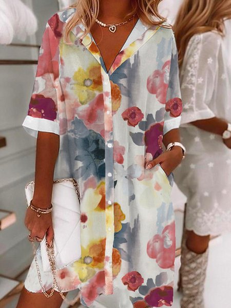 

Floral Casual Loosen Short Sleeve Woven Dress, Flower, Mini Dresses