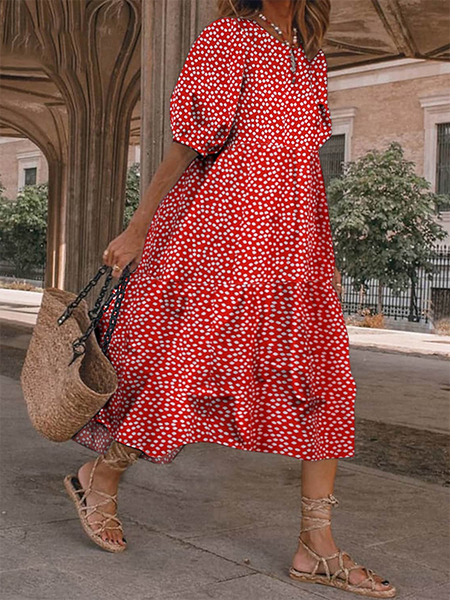

Crew Neck Polka Dots Short Sleeve Casual Dress, Red, Midi Dresses