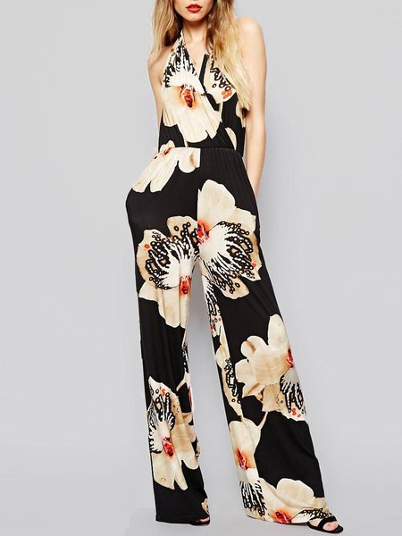 

Loosen Vacation Floral Halter Long Leg Jumpsuit, Flower, Jumpsuits