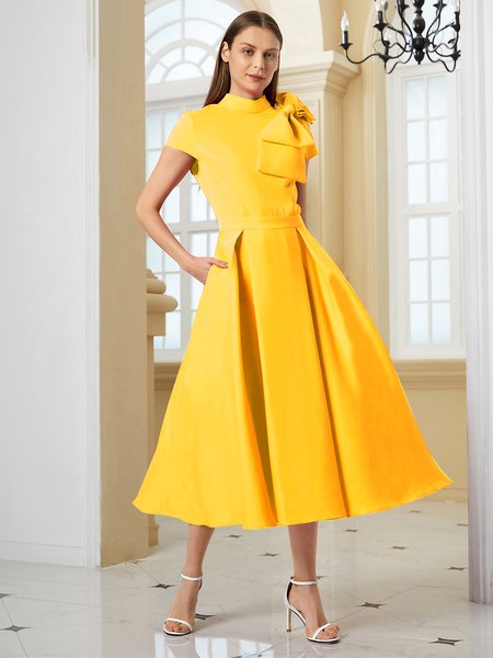 

Summer Lightweight Elegant Short Sleeve Woven Slightly stretchy Dress, Yellow, Dresses