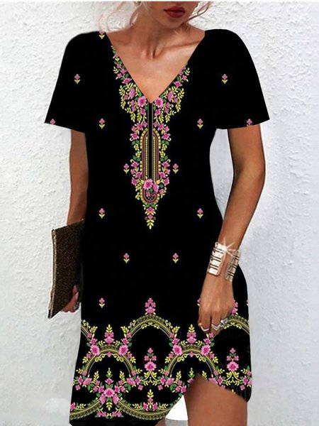 

Casual Loosen Short Sleeve Woven Dress, Black, Mini Dresses
