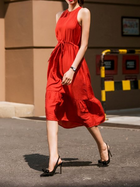 

Crew Neck Daily Sleeveless Woven Dress, Red, Midi Dresses
