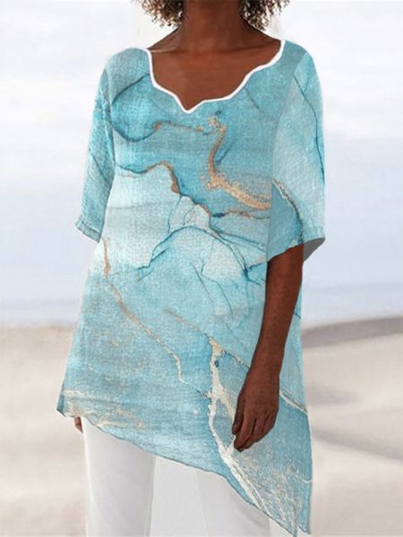 

Abstract Half Sleeve V Neck Plus Size Casual Tops, Blue, Tops