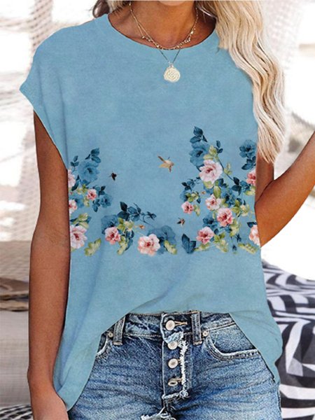 

Floral Regular Fit Casual Short Sleeve T-Shirt, Blue, T-Shirts