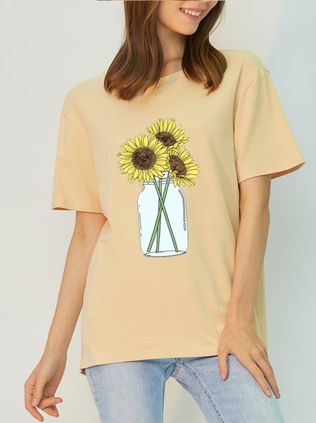 

Casual Simple Sunflower Print Natural Protofibril T-shirt, Apricot, T-shirts