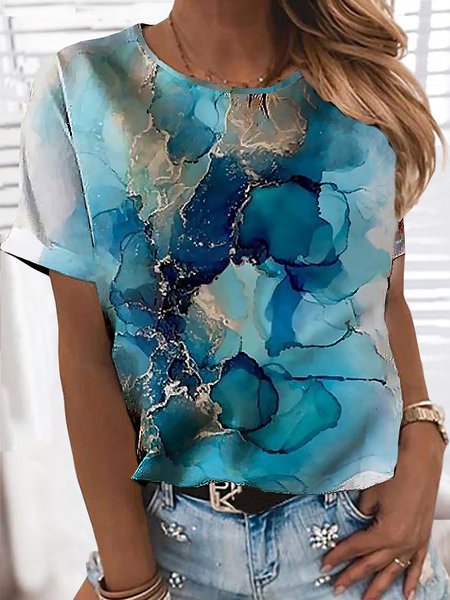 

Crew Neck Casual Short Sleeve T-Shirt, Flower, T-Shirts