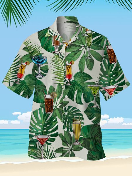 

Men's Hawaiian Drink Print Casual Breathable Short Sleeve Shirt, Green, Men's Floral shirt