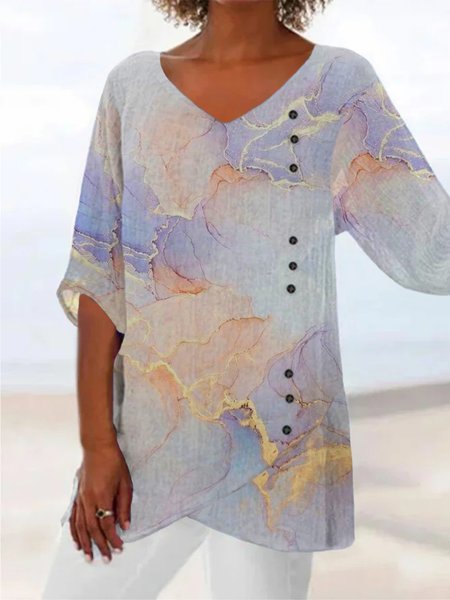 

Casual Three Quarter V Neck Plus Size Printed Tops, Multicolor, Tops