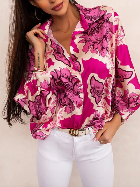 

Floral Loosen Casual Long Sleeve Blouse, Rose red, Blouses and Shirts
