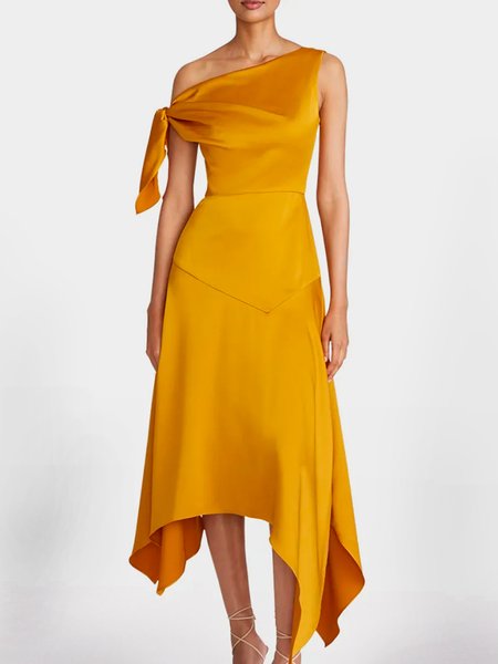 

Asymmetrical Neck Elegant Short Sleeve Woven Dress, Yellow, Midi Dresses