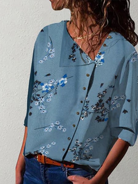 

Shirt Collar Casual Floral Mid Sleeve Blouse, Blue, Blouses & Shirts