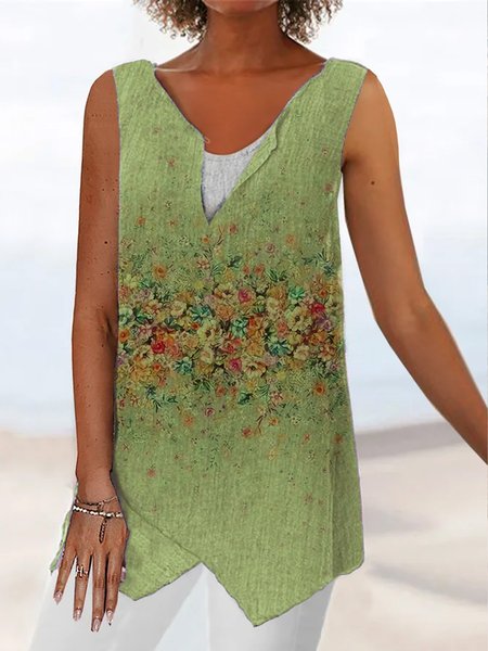 

Floral Vacation Loose Women V neck Sleeveless, Green, Tank Tops & Camis