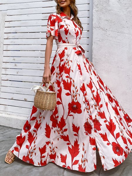 

Vacation Floral Short Sleeve Woven Dress, Red, Maxi Dresses