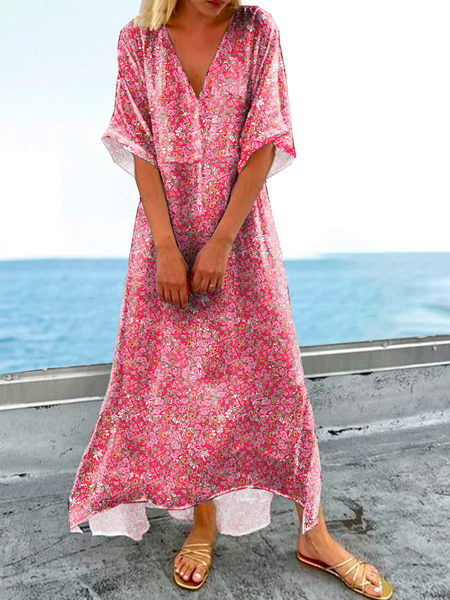 

V Neck Floral Short Sleeve Woven Dress, Red, Maxi Dresses