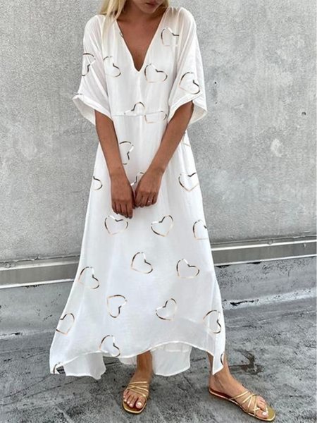 

Casual Heart V neck Half sleeve Woven Dress, White, Maxi Dresses