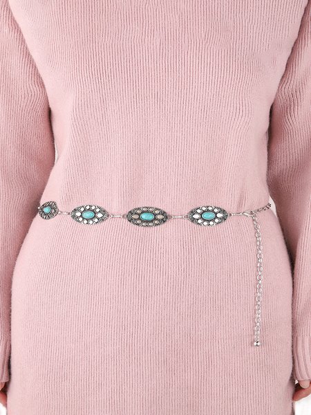

JFN Vintage Ethnic Pattern Turquoise Waist Chain Chain Belt, As picture, Belts