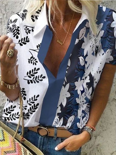 

Floral Casual Shirt Collar Short Sleeve Blouse, Blue, Tops