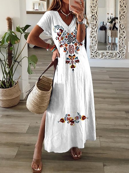 

Floral V neck Casual Short Sleeve Knit Dress, White, Maxi Dresses