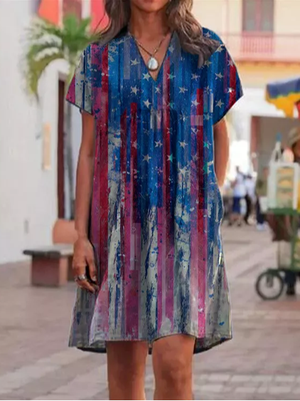 

V Neck Cotton Loosen Short Sleeve Woven Dress, Blue, Dresses