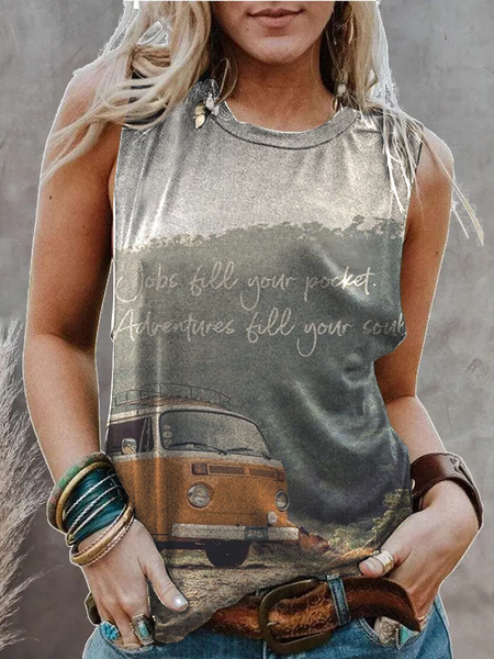 

Casual Crew Neck Landscape Print Knit Tank, Multicolor, Tanks & Camis