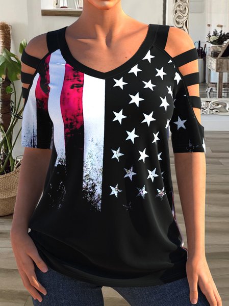 

Regular Fit Flag Casual Short Sleeve Tops, Black, Tops