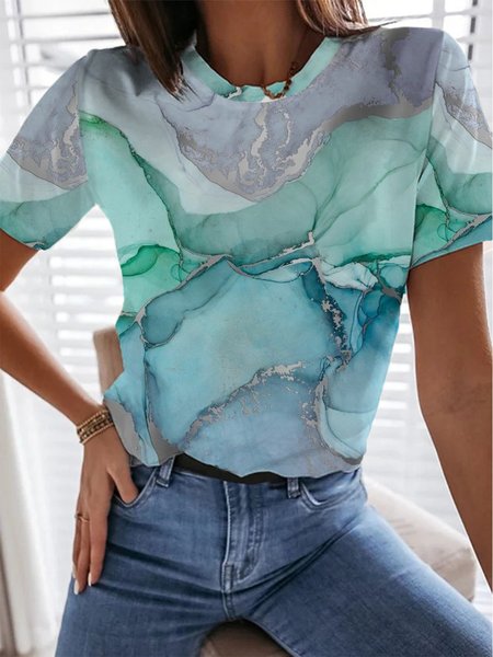 Casual Loosen Crew Neck Short Sleeve T-Shirt, Green, Tops