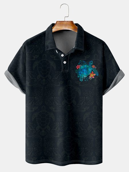

Resort-Inspired Hawaiian Floral Gradient Turtle Element Lapels Short-Sleeved Polo Print Top, Dark green, Men's t-shirts