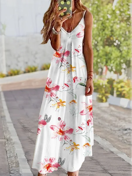 

Gradient flower holiday sleeveless suspender dress long plus size, Multicolor, Dresses